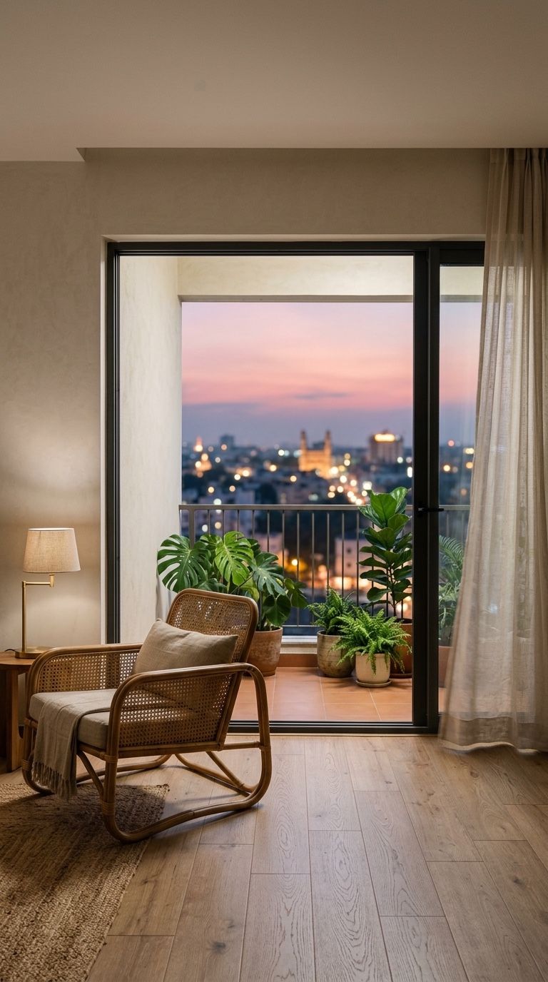 Illustration: a calm apartment living room at dusk, a cane chair and plants by an open balcony door, city lights beyond